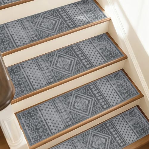 JSEI Stair Treads for Wooden Steps, 15 Pack 8" X 30" Non-Slip Machine Washable Carpet Stair Tread with TPE Backing, Indoor Stair Rug Runner for Kids Elders & Pets, Polyester, Light Grey/Charcoal Black - Image 1