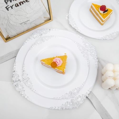 Joyido 102PCS White and Silver Plastic Plates - Heavyweight Silver Plate - Wedding Plate with Silver Rim - Fancy Dinner & Dessert Plates for 51 Guests Weddings & Parties & Christmas - Image 2