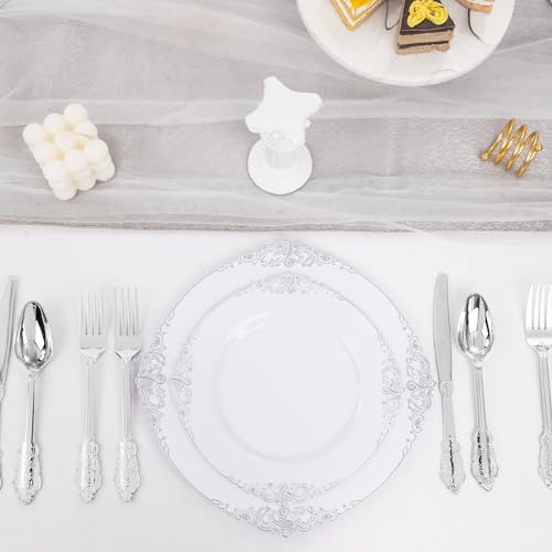 Joyido 102PCS White and Silver Plastic Plates - Heavyweight Silver Plate - Wedding Plate with Silver Rim - Fancy Dinner & Dessert Plates for 51 Guests Weddings & Parties & Christmas - Image 3