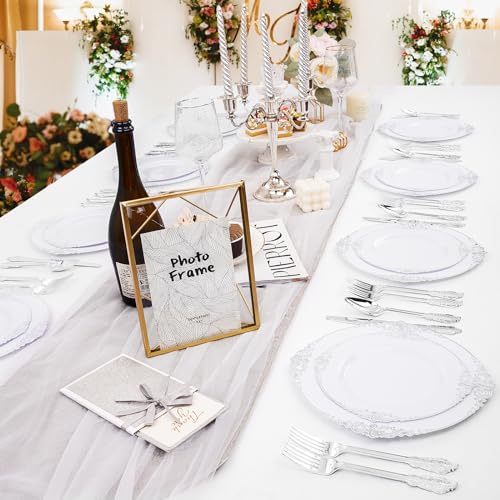 Joyido 102PCS White and Silver Plastic Plates - Heavyweight Silver Plate - Wedding Plate with Silver Rim - Fancy Dinner & Dessert Plates for 51 Guests Weddings & Parties & Christmas - Image 4