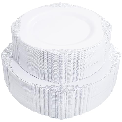 Joyido 102PCS White and Silver Plastic Plates - Heavyweight Silver Plate - Wedding Plate with Silver Rim - Fancy Dinner & Dessert Plates for 51 Guests Weddings & Parties & Christmas - Image 1
