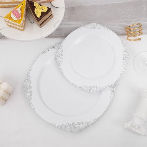 Joyido 102PCS White and Silver Plastic Plates - Heavyweight Silver Plate - Wedding Plate with Silver Rim - Fancy Dinner & Dessert Plates for 51 Guests Weddings & Parties & Christmas - Image 5