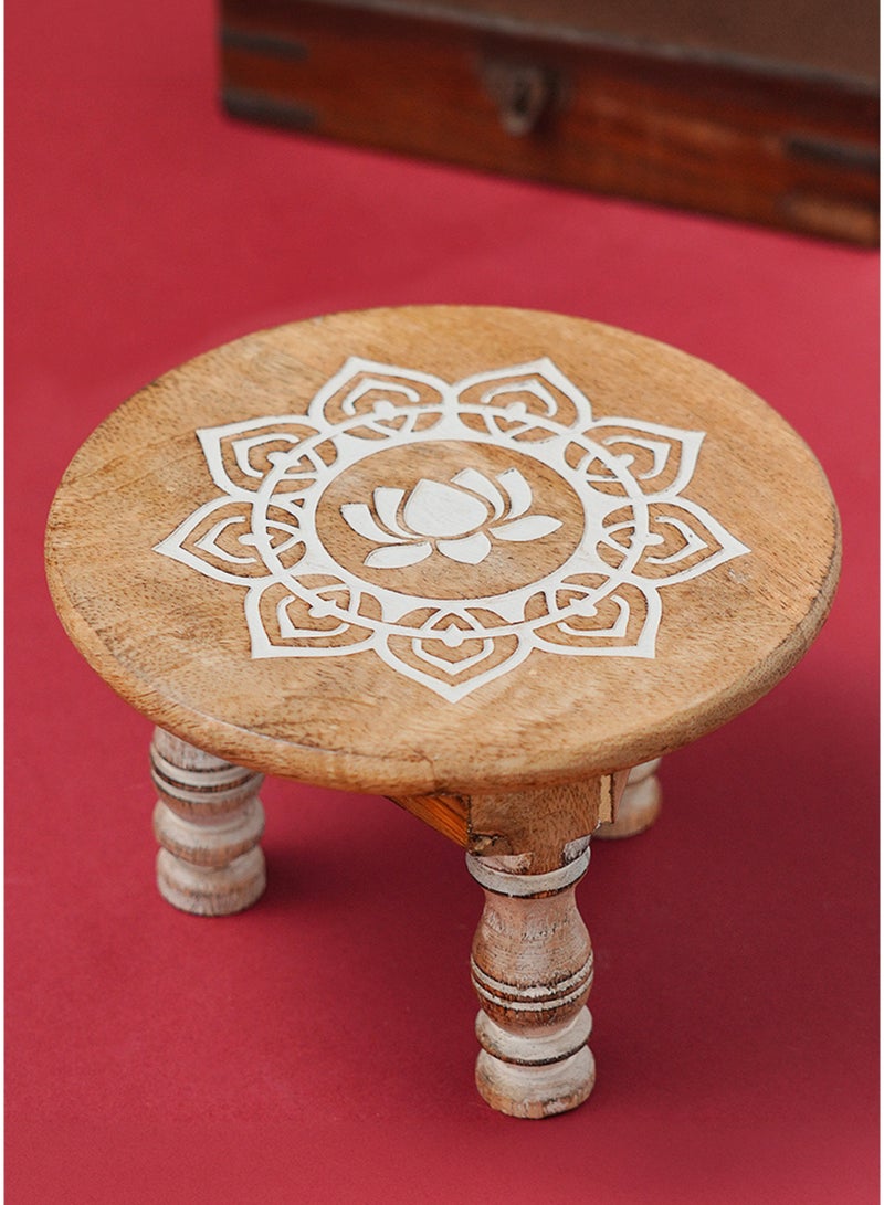 Madhoor Om Sun Decorative Pooja Chowki (Patla/Bajot) White Brown for Pooja, Deity Idol Placement & Home Temples, 6 x 6 Inches, 1 Piece - Image 1