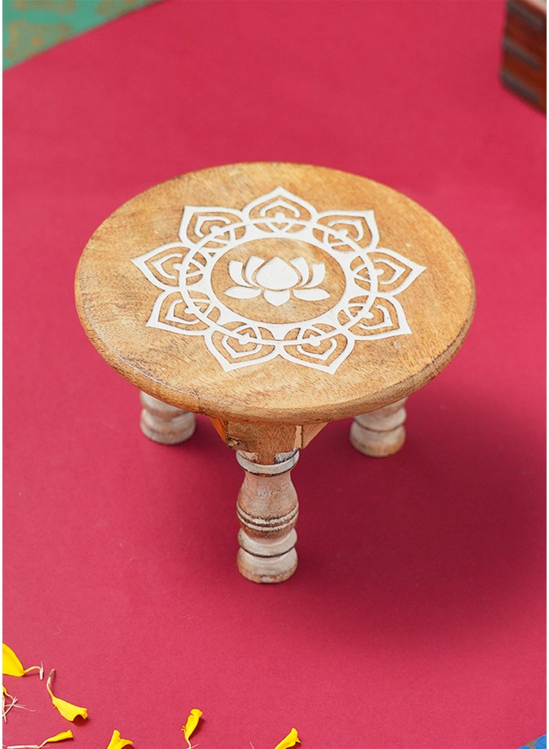 Madhoor Om Sun Decorative Pooja Chowki (Patla/Bajot) White Brown for Pooja, Deity Idol Placement & Home Temples, 6 x 6 Inches, 1 Piece - Image 3