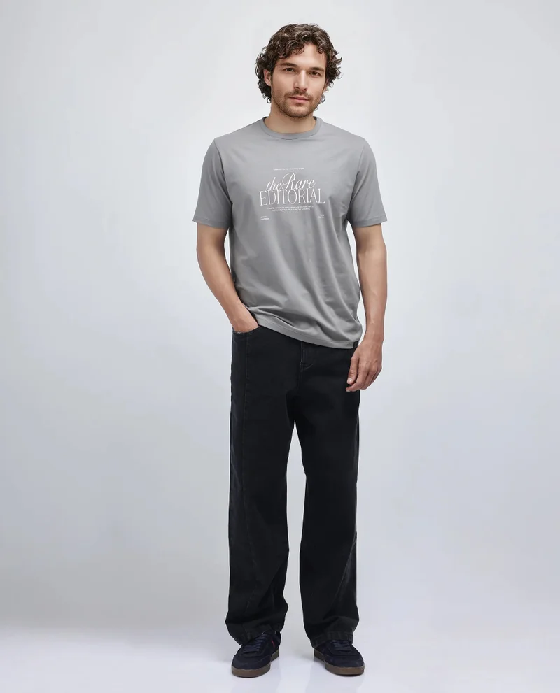 رير رابِت Rare Rabbit Men Edit Dusky Grey Cotton Lycra Fabric Short Sleeve Crew Neck Graphic Print T-Shirt