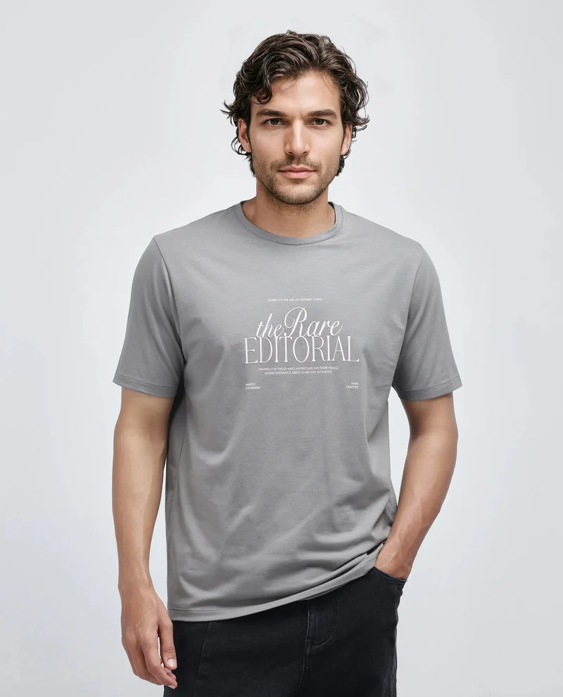 رير رابِت Rare Rabbit Men Edit Dusky Grey Cotton Lycra Fabric Short Sleeve Crew Neck Graphic Print T-Shirt