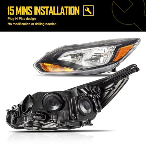 MARSFLUX Headlights Assembly Black Housing + Amber Compatible With 2012 2013 2014 FORD FOCUS Only Fits Models with Halogen Headlights (Driver and Passenger Side) - Image 4