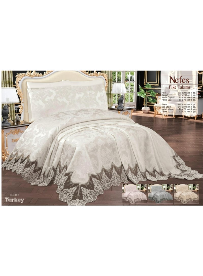 Premium Nefes Pique Bedspread Set - Laced Blanket with Bed Sheet King Size and Pillowcases & Cushion Cover Set Soft Breathable & Durable Fabric for Home Hotel (Off White) - Image 1