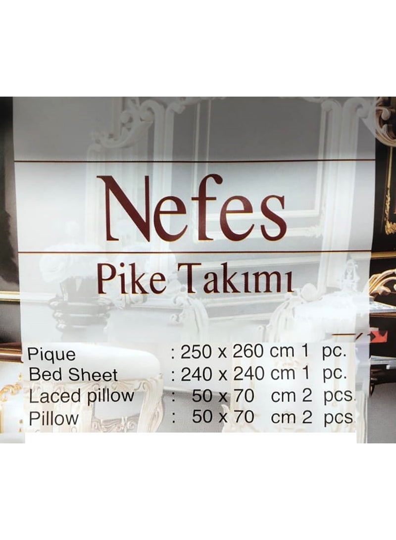 Premium Nefes Pique Bedspread Set - Laced Blanket with Bed Sheet King Size and Pillowcases & Cushion Cover Set Soft Breathable & Durable Fabric for Home Hotel (Off White) - Image 3