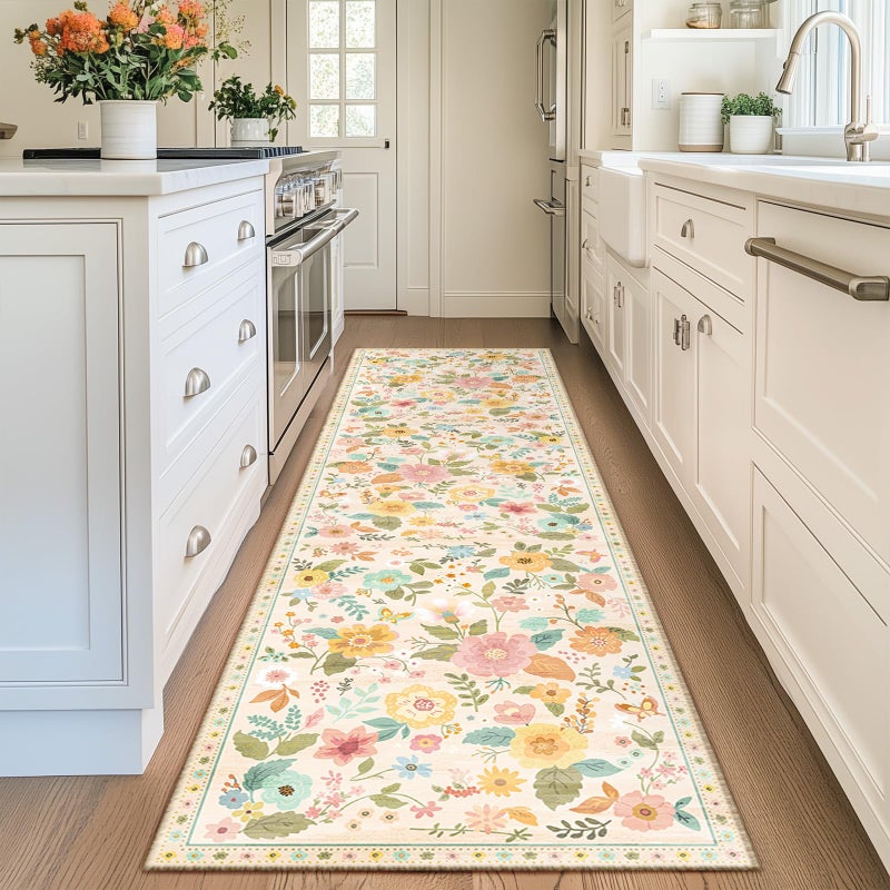 RELEANY Washable Area Rug  Runner Rug  Round Rug  Non Slip Boho Floral Vintage 2x6 Runner Rug for Entrance  Hallway  Bedroom  Kitchen Rugs  Low Pile Carpet Indoor-Cream - Image 1