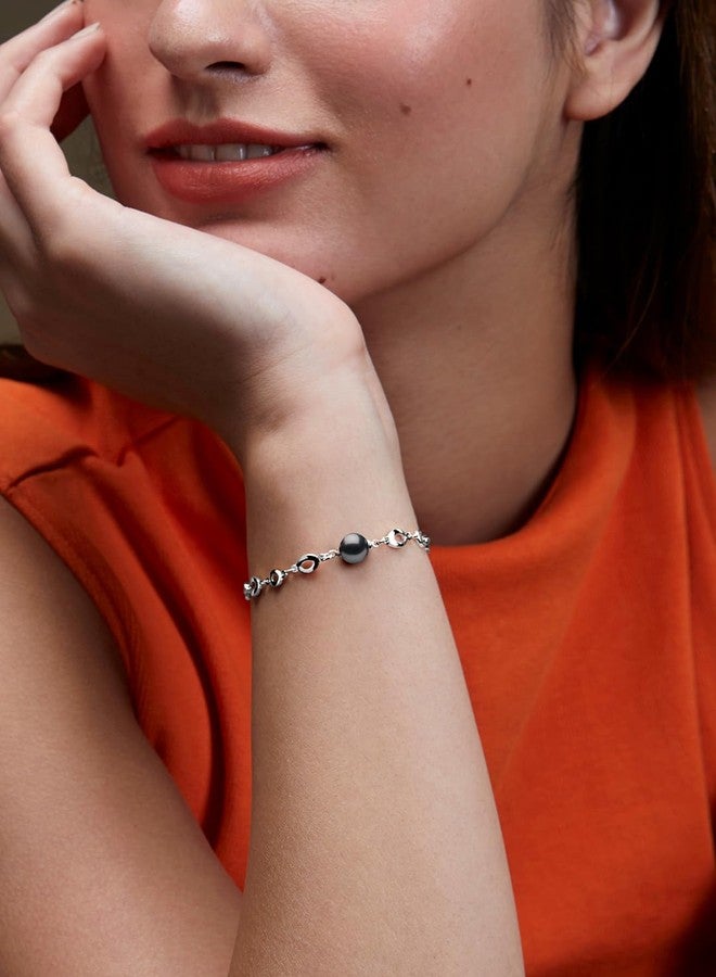 MINUTIAE Stylish Fashion Double Chain Bracelet With Black Pearl Hanging For Women And Girls MNT0375GRP_S - Image 4