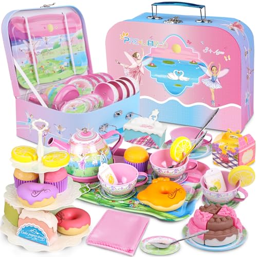 PRE-WORLD Tea Set for Little GirlsPREWORLD 50PCS Princess Tea Party Time Toy Including DessertCookiesDoughnutTeapot Tray Cake Tablecloth  Carrying CaseKids Kitchen Pretend Play for Girls Boys Age 36 - Image 1