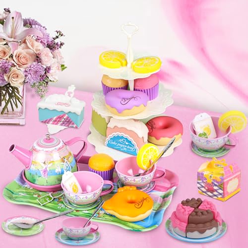 PRE-WORLD Tea Set for Little GirlsPREWORLD 50PCS Princess Tea Party Time Toy Including DessertCookiesDoughnutTeapot Tray Cake Tablecloth  Carrying CaseKids Kitchen Pretend Play for Girls Boys Age 36 - Image 5