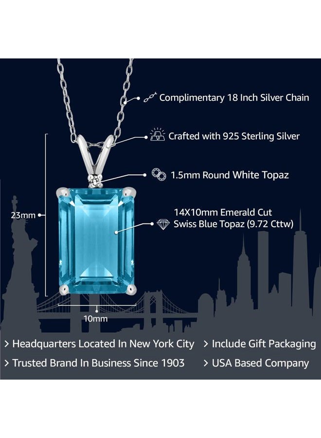 GEM STONE KING 9.72 Ct Genuine Emerald cut Swiss Topaz Gemstone Birthstone 925 Sterling Silver Pendant Necklace With 18 Inch Silver Chain - Image 2