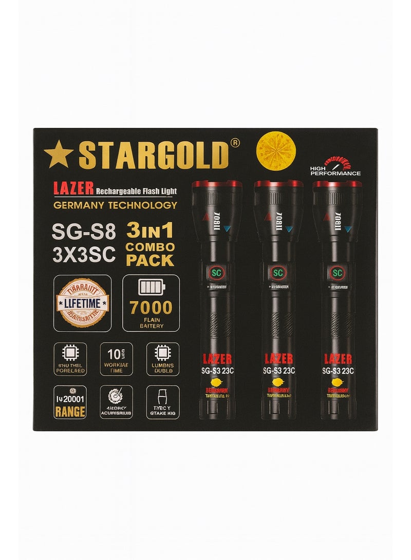 STARGOLD SG-S8 Rechargeable Flashlight | 3X3SC Combo Pack | 2000m Range | 7000mAh | Type-C Charging - Image 1