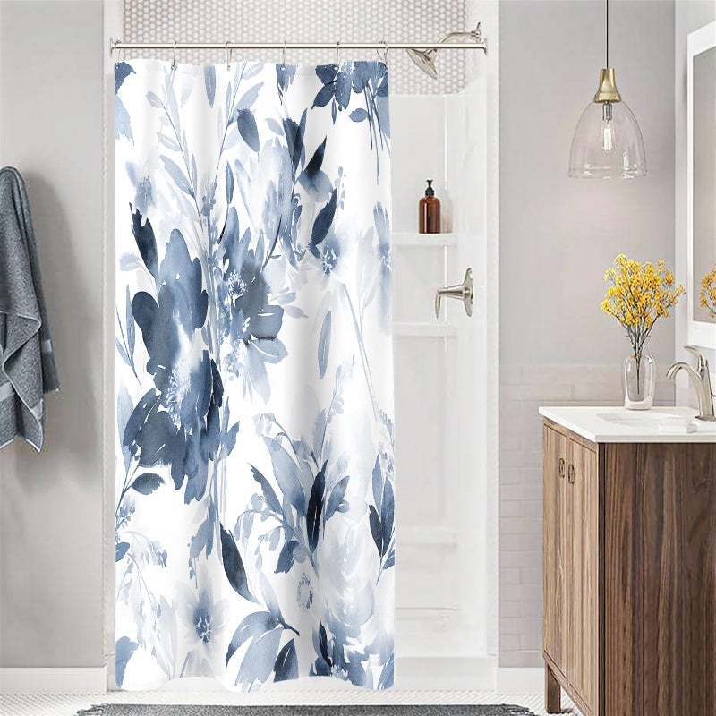 MAYZUS Small Stall Shower Curtain 36 x 72 Inch  Half Narrow Dorm Watercolor Floral Fabric Shower Curtain  Modern Abstract Navy Blue Flower Bathroom Shower Curtain Set with Hooks - Image 1