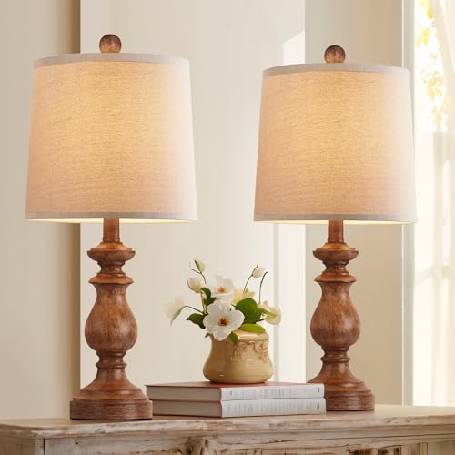 PARTPHONER Traditional Table Lamp Set of 2, Rustic Farmhouse Table Lamps for Living Room Bedroom, 22" Bedside Desk Lamps Vintage Nightstand Lamps with Linen Shades, Wood Grain - Image 1