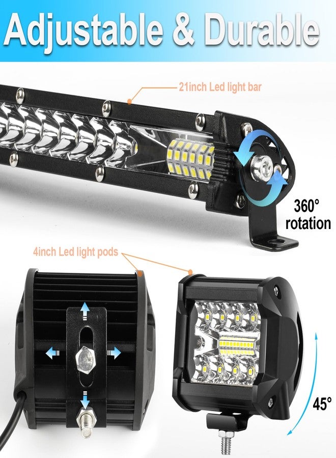 مجموعة إضاءة LIGBT مكونة من قطعتين، شريط إضاءة LED رفيع 21 بوصة 204 واط، و4 وحدات إضاءة LED 4 بوصة 60 واط، مصابيح ضباب/قيادة/عمل/سقف/مصد/طرق وعرة للشاحنات وسيارات الدفع الرباعي وسيارات الدفع الرباعي والمركبات متعددة الاستخدامات. - Image 3