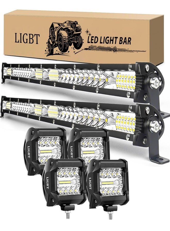 مجموعة إضاءة LIGBT مكونة من قطعتين، شريط إضاءة LED رفيع 21 بوصة 204 واط، و4 وحدات إضاءة LED 4 بوصة 60 واط، مصابيح ضباب/قيادة/عمل/سقف/مصد/طرق وعرة للشاحنات وسيارات الدفع الرباعي وسيارات الدفع الرباعي والمركبات متعددة الاستخدامات. - Image 1