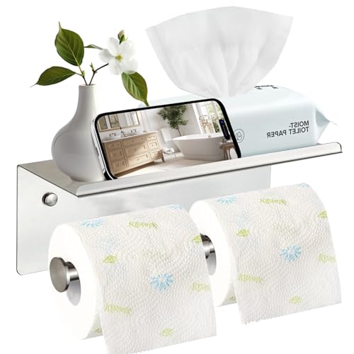 Bjiotun Toilet Paper Holder Wall Mount with Shelf Bjiotun Stainless Steel Toilet Paper Storage Tissue Roll Holder for Bathroom Storage Holds - Image 1