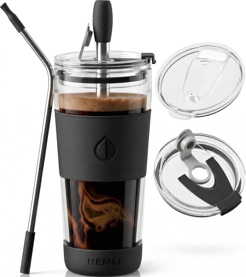 Hemli 19 oz. Black Modern Glass Tumbler, To Go Glass Travel Mug with Lid, Portable Glass Thermos with Straw, Reusable Cup for Coffee, Tea, Smoothies, Ice Coffee, and Boba - Image 1