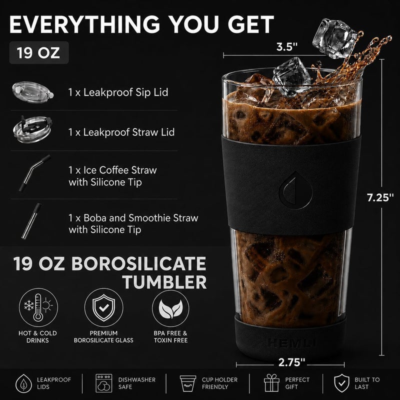 Hemli 19 oz. Black Modern Glass Tumbler, To Go Glass Travel Mug with Lid, Portable Glass Thermos with Straw, Reusable Cup for Coffee, Tea, Smoothies, Ice Coffee, and Boba - Image 3