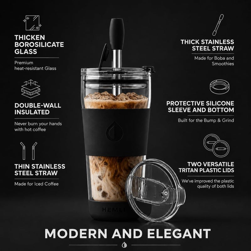 Hemli 19 oz. Black Modern Glass Tumbler, To Go Glass Travel Mug with Lid, Portable Glass Thermos with Straw, Reusable Cup for Coffee, Tea, Smoothies, Ice Coffee, and Boba - Image 2