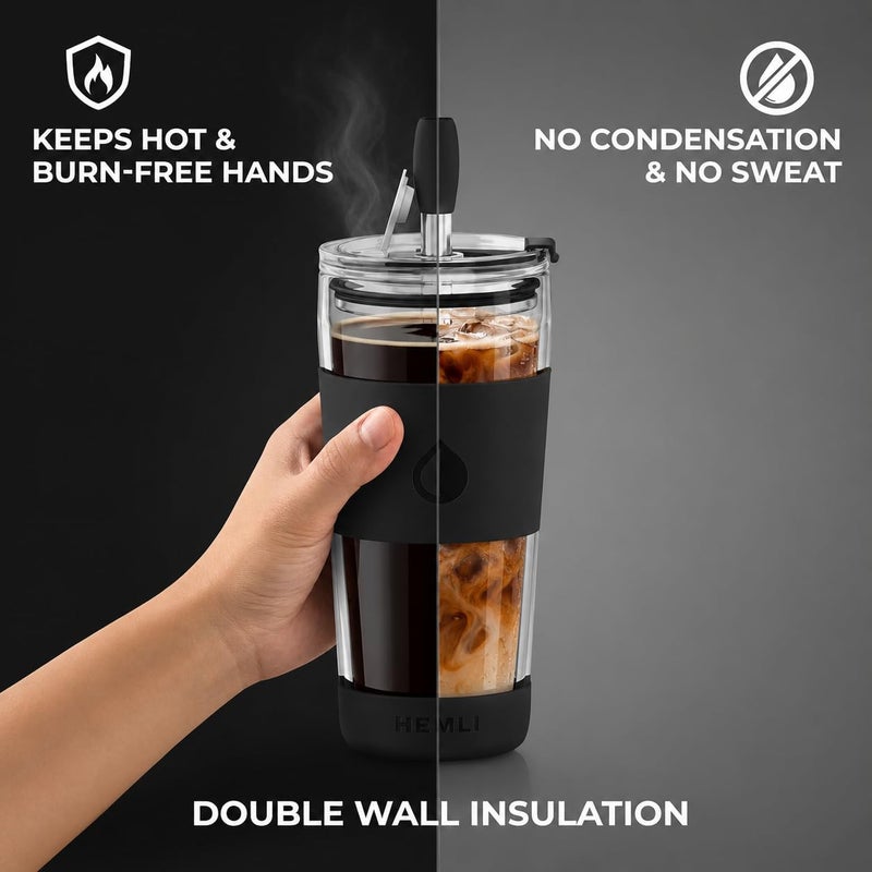 Hemli 19 oz. Black Modern Glass Tumbler, To Go Glass Travel Mug with Lid, Portable Glass Thermos with Straw, Reusable Cup for Coffee, Tea, Smoothies, Ice Coffee, and Boba - Image 4