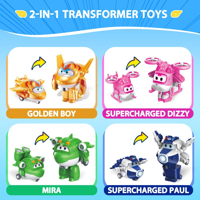 Super Wings 2" Transform-a-Bot 4-Pack, Supercharged Paul, Dizzy, Golden Boy, Mira, Airplane Toys Mini Action Figures, Preschool Toys for 3 4 5 Year Old Kids, Birthday Gifts for Kids - Image 2
