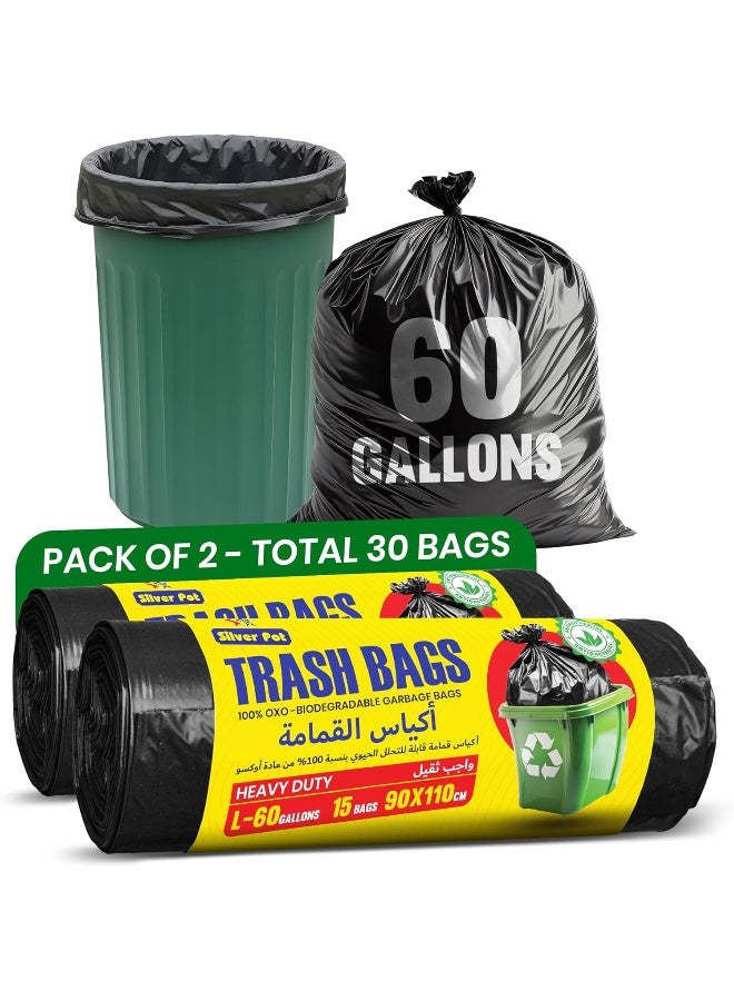 Silver Pot 30pcs 60 Gallons Black Heavy Duty Garbage Bags, Trash Bags, Waste Bags, Bin Bags, Bio-Degradable Disposable Waste Bags, 90 x 110cm - Image 1