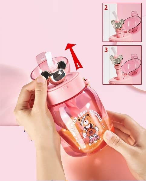 TEMSON School Sipper Water Bottle for Kids – Tritan Water Bottle with Straw and Adjustable Strap for Kids, Cute Cartoon Themed Water Bottle for Boys and Girls (600 ML) (Pink)(ABL-1035) - Image 1