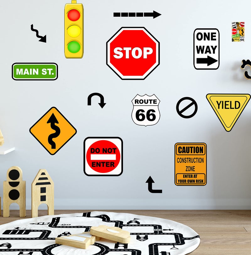 Create-A-Mural Road Sign Wall Decals, Street Sign Wall Decor Stickers Stop Sign, One Way, Traffic Light, Yield, Caution Construction, Do Not Enter Route 66, Boys Room Decor Fun Decoration for Bedroom (Road Sign) - Image 2