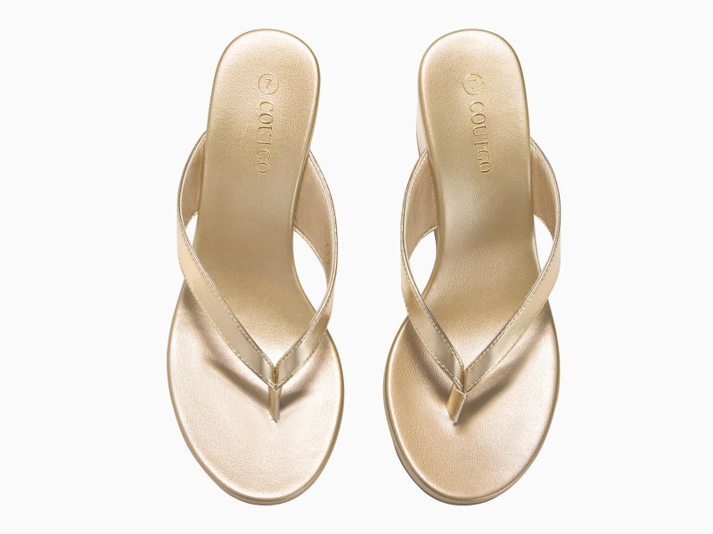 Coutgo Womens Wedge Heels Sandals Platform Flip Flops Slides Slip On Summer Beach Shoes, Gold, Size 7 - Image 5