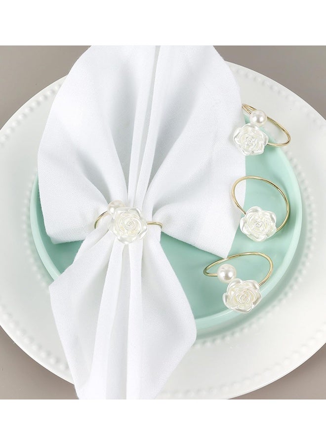 مجموعة حلقات مناديل من 10 قطع - حلقات مناديل بيضاء مزينة بأزهار، حلقات مناديل ذهبية بالكميات الكبيرة، حاملات مناديل زهرة باللؤلؤ لمناديل القماش، حلقات مناديل وردية لتزيين طاولة الطعام في الحفلات الزفاف، حلقات مناديل - Image 2