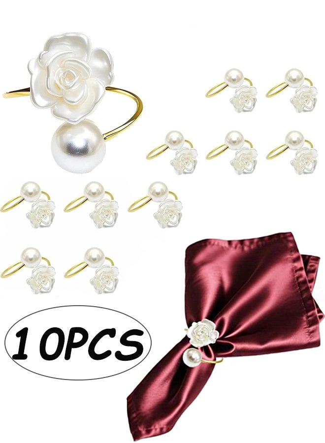 مجموعة حلقات مناديل من 10 قطع - حلقات مناديل بيضاء مزينة بأزهار، حلقات مناديل ذهبية بالكميات الكبيرة، حاملات مناديل زهرة باللؤلؤ لمناديل القماش، حلقات مناديل وردية لتزيين طاولة الطعام في الحفلات الزفاف، حلقات مناديل - Image 1