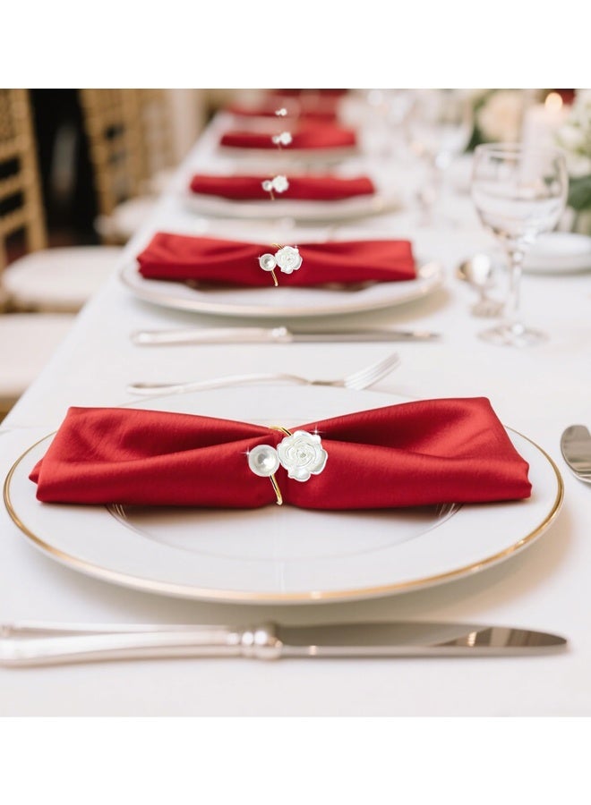 مجموعة حلقات مناديل من 10 قطع - حلقات مناديل بيضاء مزينة بأزهار، حلقات مناديل ذهبية بالكميات الكبيرة، حاملات مناديل زهرة باللؤلؤ لمناديل القماش، حلقات مناديل وردية لتزيين طاولة الطعام في الحفلات الزفاف، حلقات مناديل - Image 4