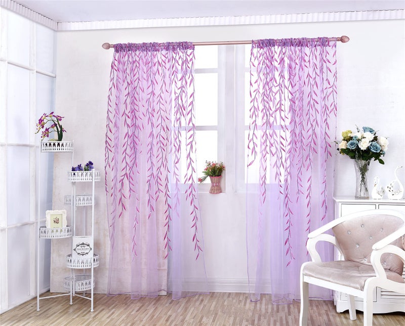 ICYANG Lavender Curtains Lilac Leaf Purple Vine Willow Tulle Room 78.6 x 39.3 Inch Sheer Drape Panel Valances for Living Room Bedroom Balcony Door Home - Image 5