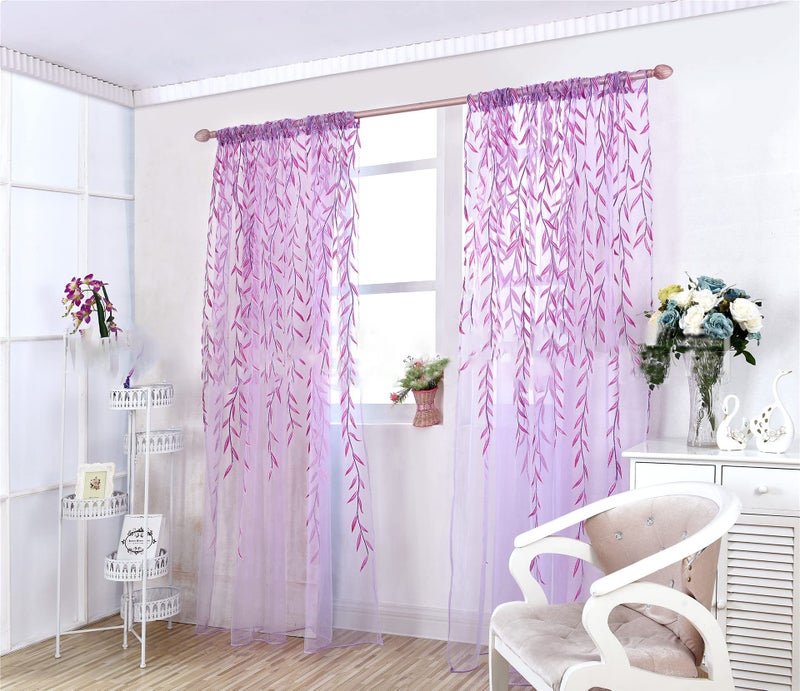 ICYANG Lavender Curtains Lilac Leaf Purple Vine Willow Tulle Room 78.6 x 39.3 Inch Sheer Drape Panel Valances for Living Room Bedroom Balcony Door Home - Image 1