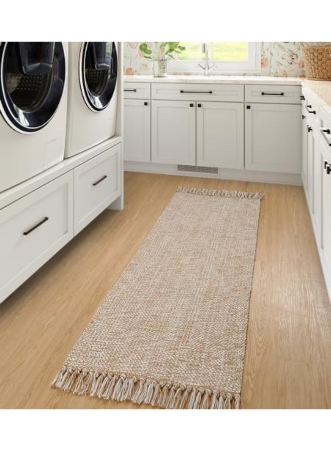 Hallway Runner Rug, 2' x 5' Soft Washable Tan Contemporary Modern Laundry Room Indoor Hand-Woven Cotton Carpet for Bedroom Entryway Front Door Farmhouse Kitchen - Image 2