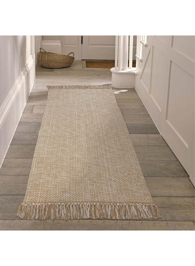 Hallway Runner Rug, 2' x 5' Soft Washable Tan Contemporary Modern Laundry Room Indoor Hand-Woven Cotton Carpet for Bedroom Entryway Front Door Farmhouse Kitchen - Image 1
