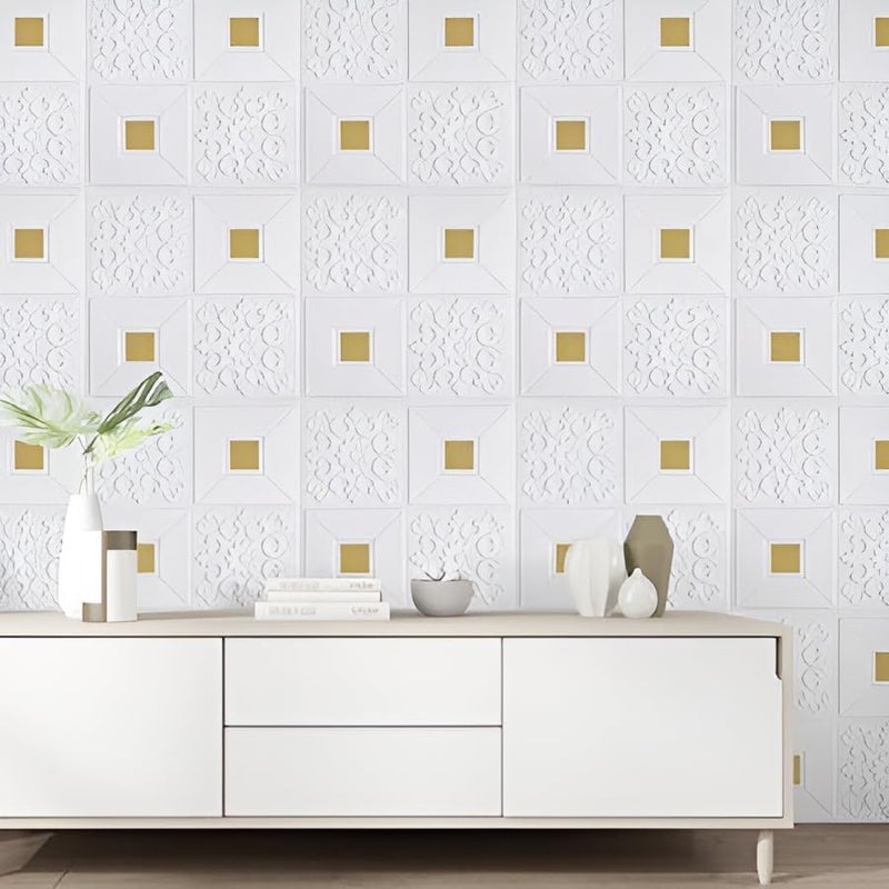 Revwd 3D Brick Wallpaper for Wall PE Foam Wall Stickers Self Adhesive DIY Wall Decor for Bathroom Living Room and Home Decoration (70 x 77cm, Appx. 5.8Sq Feet) (White Golden, 10) - Image 2