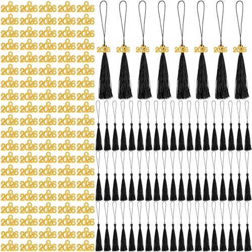 Cindeer 100 Pcs Mini Graduation Tassels with 100 Pcs 2026 Tassel Charms for Crafts Mini Silky Bookmark for Graduation Cap Keychain Ornaments DIY Craft Jewelry Making Project(Black) - Image 1