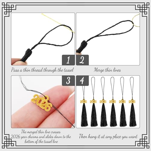 Cindeer 100 Pcs Mini Graduation Tassels with 100 Pcs 2026 Tassel Charms for Crafts Mini Silky Bookmark for Graduation Cap Keychain Ornaments DIY Craft Jewelry Making Project(Black) - Image 3