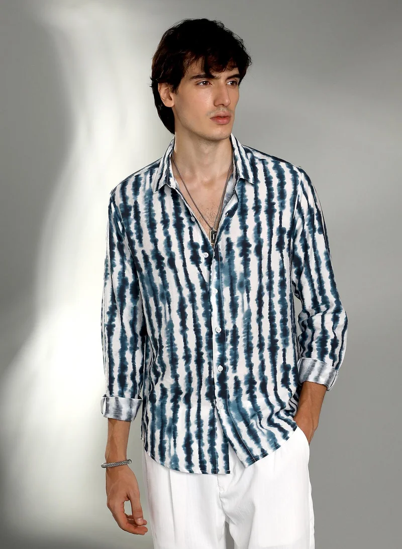 كامبوس سوترا Men's Indigo Blue & Daisy White Ink-Striped Shirt For Casual Wear | Spread Collar | Long Sleeve | Button Closure | Shirt Crafted With Comfort Fit For Everyday Wear