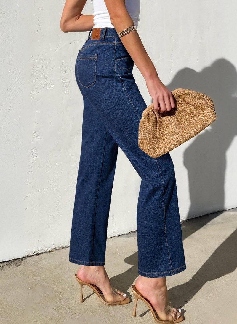 Sidefeel Women's Jeans High Waisted Wide Leg Jeans Stretchy Straight Leg Zimbaplatinum Ankle Denim Pants with Slant Pockets Dark Blue Size 2 - Image 2