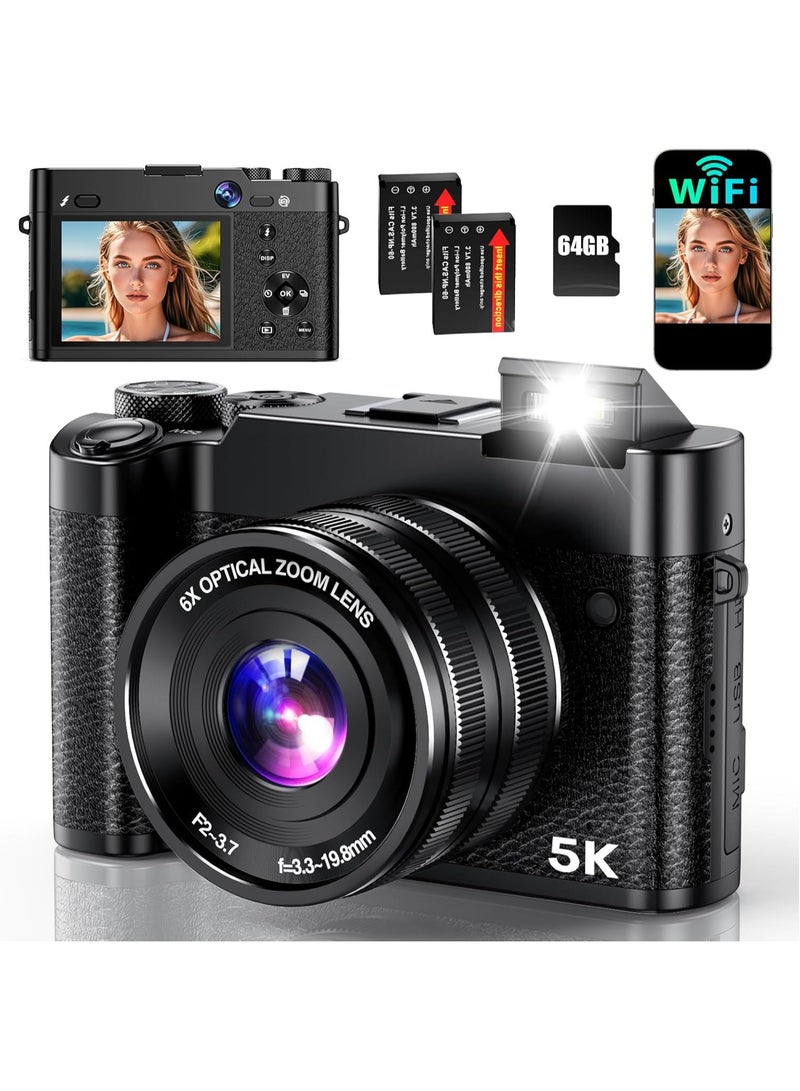 كادييب كاميرا رقمية 5K، كاميرات 64 ميجابكسل للتصوير مع تقريب بصري 6x وضبط تلقائي للصورة، كاميرا فيديو بتقنية WiFi لفيديوهات يوتيوب، عدسة مزدوجة، بطاريتان، بطاقة ذاكرة 64 جيجابايت وفلاش، أفضل الكاميرات لمنشئي المحتوى - Image 1
