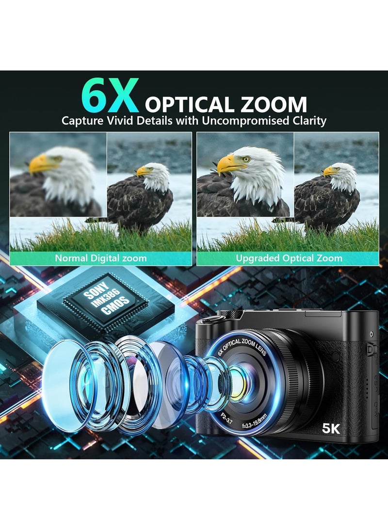كادييب كاميرا رقمية 5K، كاميرات 64 ميجابكسل للتصوير مع تقريب بصري 6x وضبط تلقائي للصورة، كاميرا فيديو بتقنية WiFi لفيديوهات يوتيوب، عدسة مزدوجة، بطاريتان، بطاقة ذاكرة 64 جيجابايت وفلاش، أفضل الكاميرات لمنشئي المحتوى - Image 3