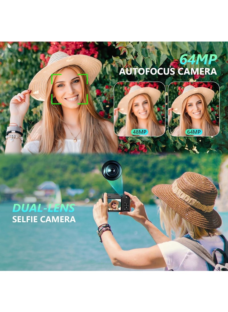 كادييب كاميرا رقمية 5K، كاميرات 64 ميجابكسل للتصوير مع تقريب بصري 6x وضبط تلقائي للصورة، كاميرا فيديو بتقنية WiFi لفيديوهات يوتيوب، عدسة مزدوجة، بطاريتان، بطاقة ذاكرة 64 جيجابايت وفلاش، أفضل الكاميرات لمنشئي المحتوى - Image 4