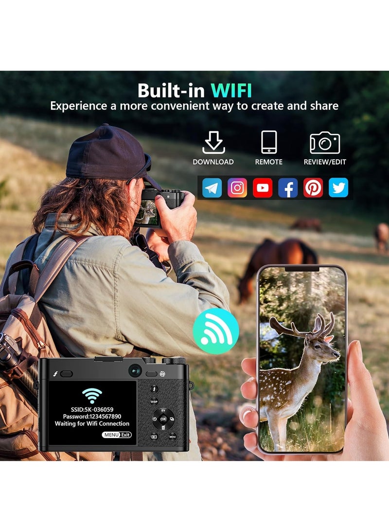 كادييب كاميرا رقمية 5K، كاميرات 64 ميجابكسل للتصوير مع تقريب بصري 6x وضبط تلقائي للصورة، كاميرا فيديو بتقنية WiFi لفيديوهات يوتيوب، عدسة مزدوجة، بطاريتان، بطاقة ذاكرة 64 جيجابايت وفلاش، أفضل الكاميرات لمنشئي المحتوى - Image 5