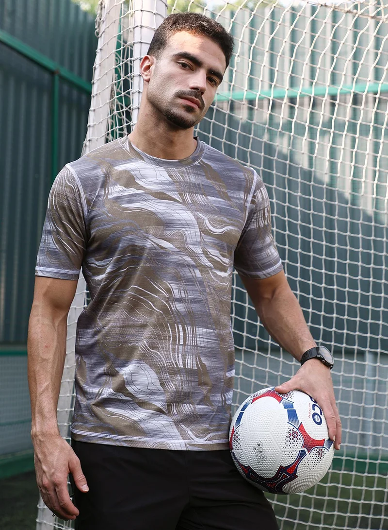 Campus Sutra Campus Sutra Men's Tan Brown & Coin Grey Lined-Dye Activewear T-Shirt For Casual Wear | Crew Neck | Short Sleeves | Jersey T-Shirt Crafted With Comfort Fit For Everyday Wear